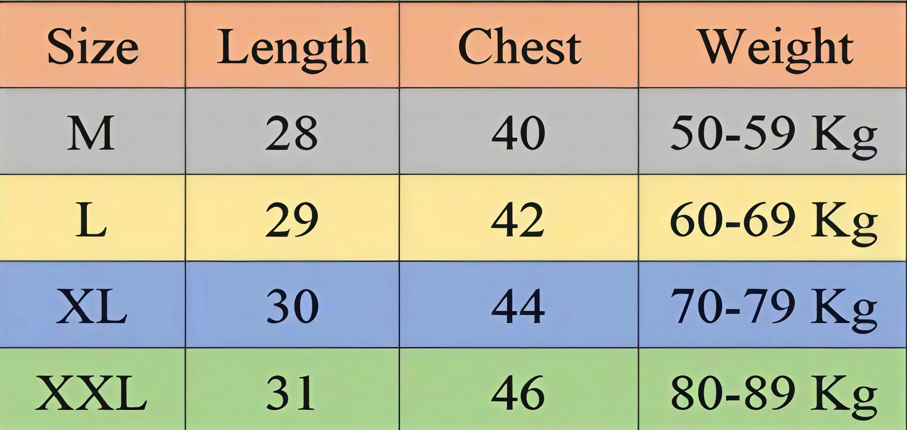 Size chart for Katua